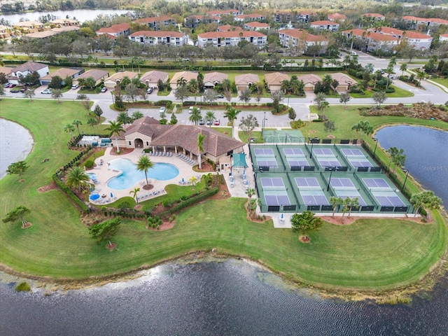 drone / aerial view with a water view