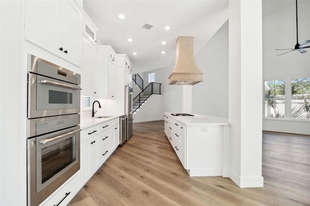 kitchen featuring appliances with stainless steel finishes, custom exhaust hood, a healthy amount of sunlight, sink, and white cabinets