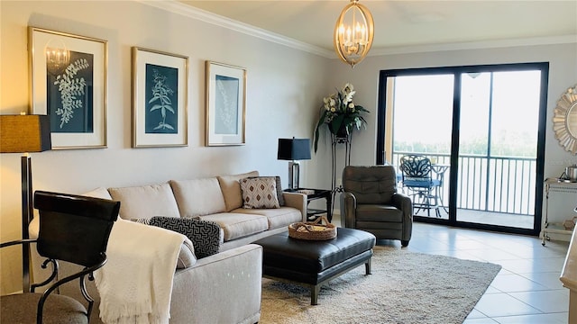 living room with light tile patterned flooring, crown molding, and a notable chandelier