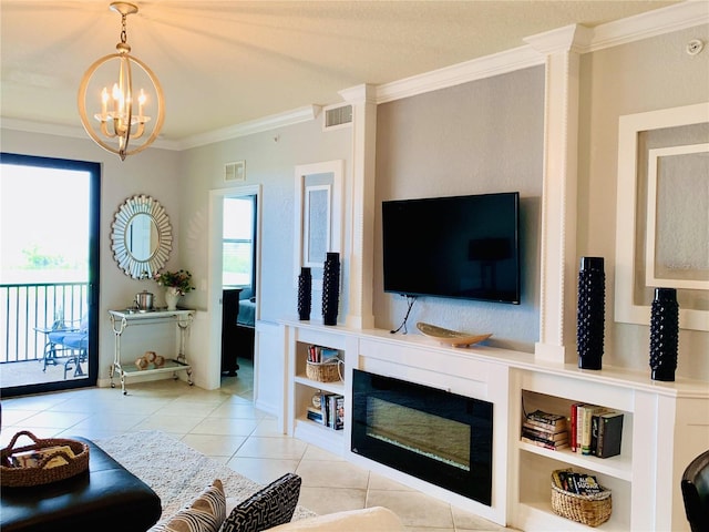 living room featuring a chandelier, light tile patterned floors, and crown molding