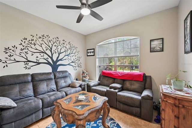 tiled living room with ceiling fan