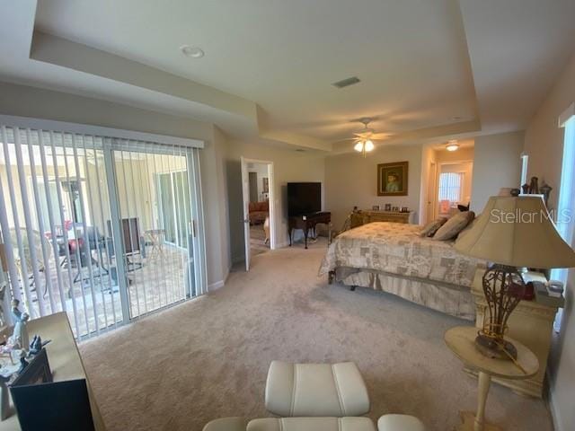 bedroom featuring a tray ceiling, access to exterior, multiple windows, and carpet