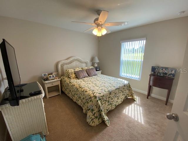 bedroom featuring ceiling fan and carpet flooring