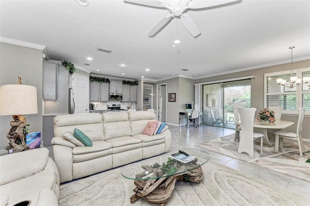 living room with crown molding, light tile patterned floors, and ceiling fan with notable chandelier