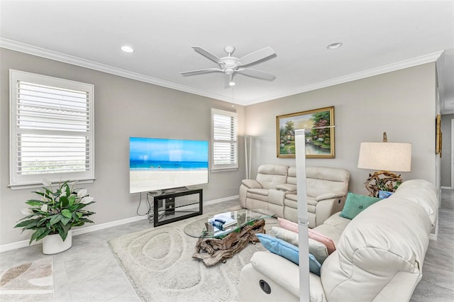 living room featuring ceiling fan and ornamental molding