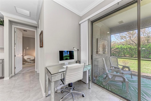 office space featuring light tile patterned floors and ornamental molding