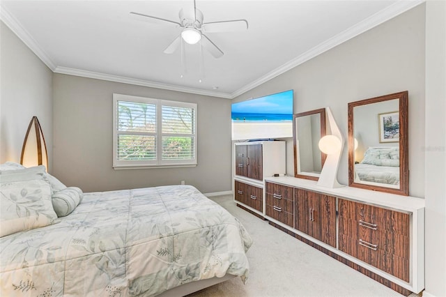 bedroom with carpet flooring, ceiling fan, and ornamental molding