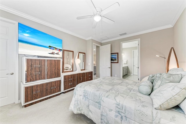 bedroom with ensuite bathroom, ceiling fan, crown molding, and light colored carpet