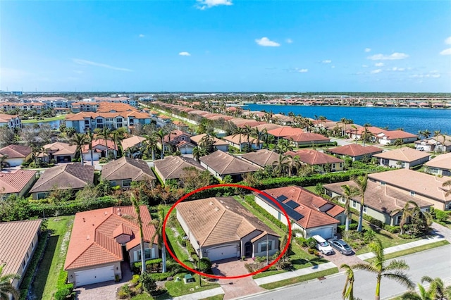 aerial view featuring a water view