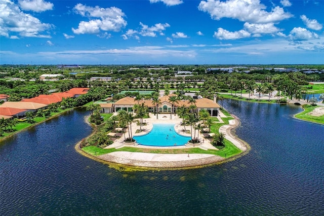 bird's eye view with a water view