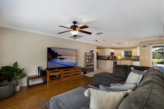 living room with ceiling fan, ornamental molding, and light wood-type flooring