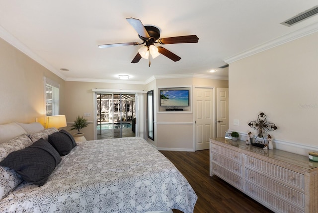 bedroom with crown molding, dark hardwood / wood-style floors, access to exterior, and ceiling fan