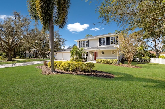 view of front of property with a porch, a front lawn, and a garage