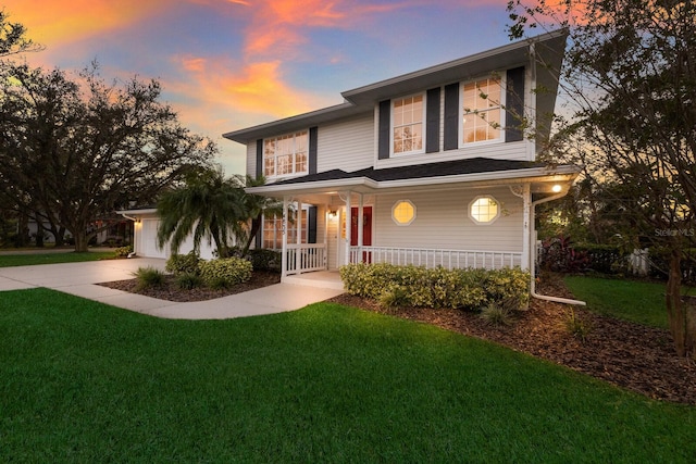 view of front of home with a porch, a garage, and a lawn