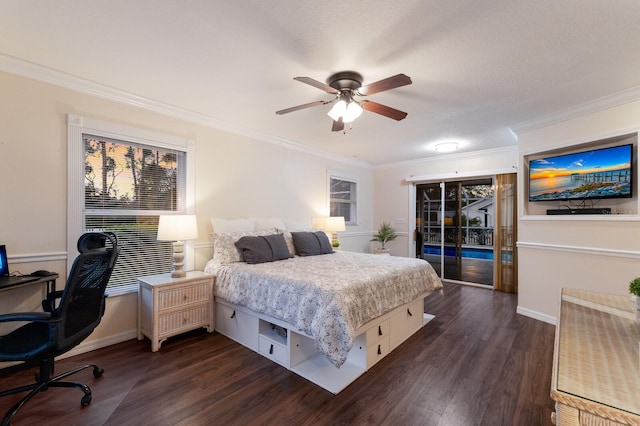 bedroom with ornamental molding, dark hardwood / wood-style floors, access to exterior, and ceiling fan