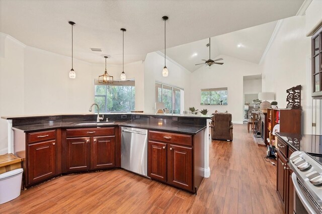 kitchen featuring sink, ceiling fan with notable chandelier, stainless steel appliances, crown molding, and light hardwood / wood-style flooring