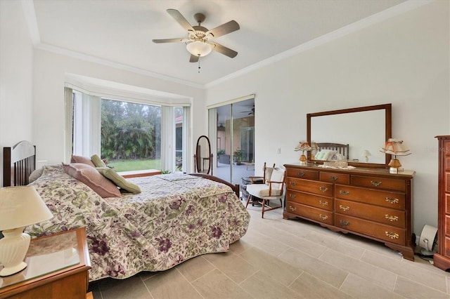 bedroom featuring ornamental molding, access to outside, and ceiling fan