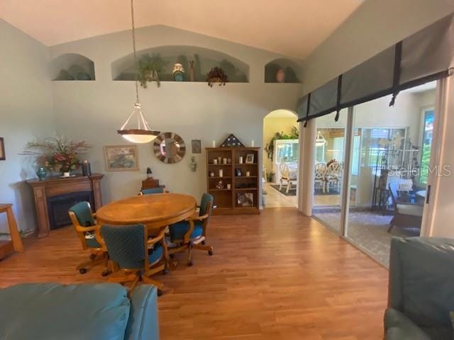 dining space with lofted ceiling and hardwood / wood-style floors