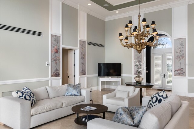 8213 Midnight Pass Rd, Sarasota, FL 34242 - living area with light tile patterned flooring, a high ceiling, a notable chandelier, recessed lighting, and ornamental molding