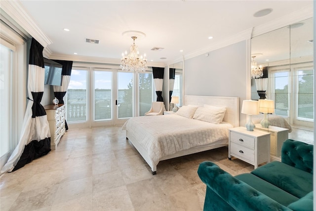 bedroom with crown molding, access to exterior, a chandelier, and a water view