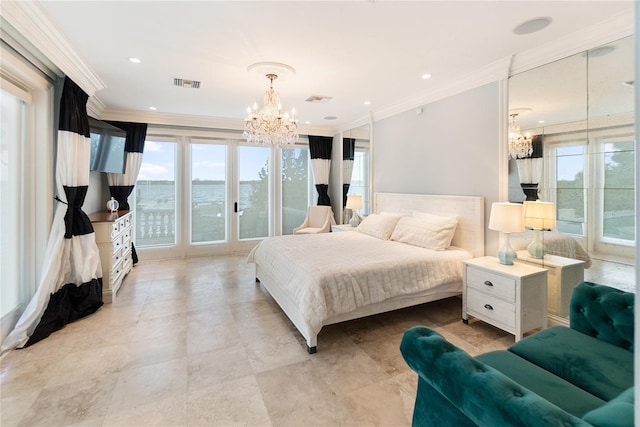 8213 Midnight Pass Rd, Sarasota, FL 34242 - bedroom featuring visible vents, ornamental molding, access to outside, and a notable chandelier