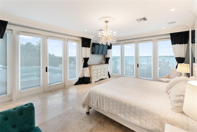 bedroom with ornamental molding, access to exterior, a notable chandelier, and multiple windows