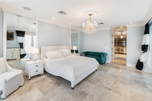 bedroom with ornamental molding and a notable chandelier