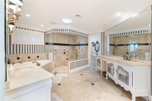 8213 Midnight Pass Rd, Sarasota, FL 34242 - full bathroom with crown molding, a sink, two vanities, visible vents, and tiled shower