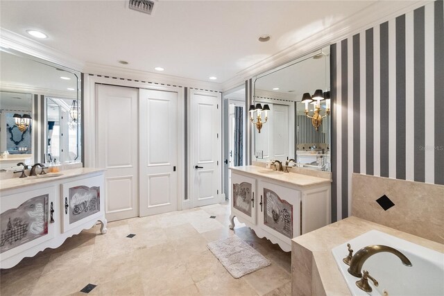 8213 Midnight Pass Rd, Sarasota, FL 34242 - bathroom featuring visible vents, two vanities, a sink, a notable chandelier, and ornamental molding