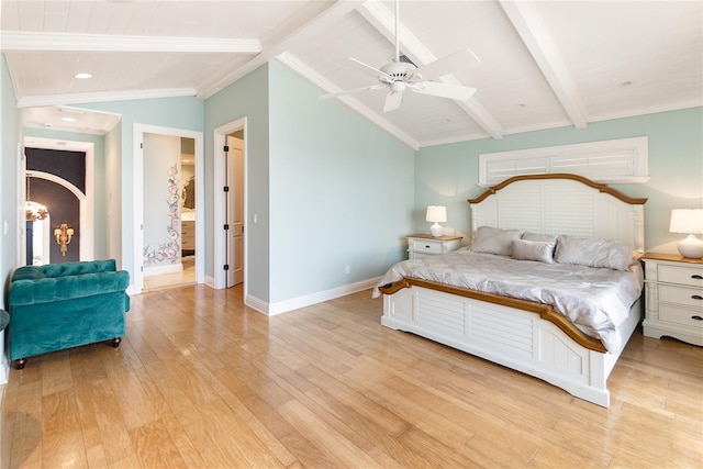 bedroom with ceiling fan, light wood-type flooring, and vaulted ceiling with beams