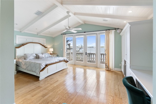 bedroom featuring access to outside, vaulted ceiling with beams, light wood-type flooring, and ceiling fan