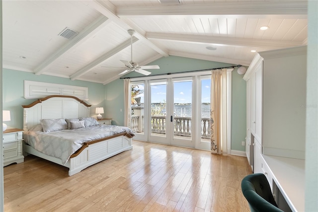 8213 Midnight Pass Rd, Sarasota, FL 34242 - bedroom with visible vents, access to exterior, light wood-type flooring, lofted ceiling with beams, and a water view