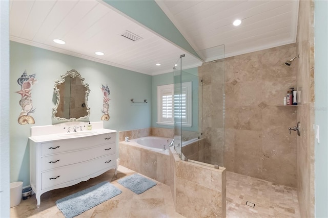 bathroom with vanity, ornamental molding, independent shower and bath, and vaulted ceiling