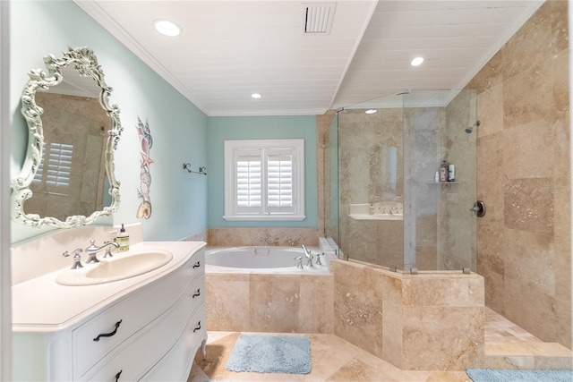 bathroom featuring vanity, crown molding, and separate shower and tub