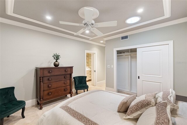 8213 Midnight Pass Rd, Sarasota, FL 34242 - bedroom with visible vents, crown molding, a closet, baseboards, and recessed lighting