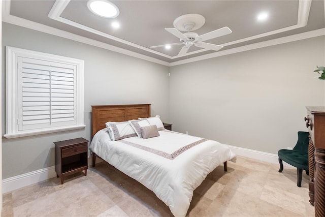 bedroom with crown molding and ceiling fan