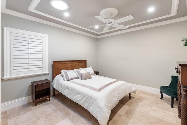 8213 Midnight Pass Rd, Sarasota, FL 34242 - bedroom with baseboards, ornamental molding, a tray ceiling, and recessed lighting