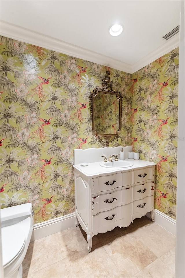 8213 Midnight Pass Rd, Sarasota, FL 34242 - bathroom with crown molding, visible vents, vanity, toilet, and baseboards