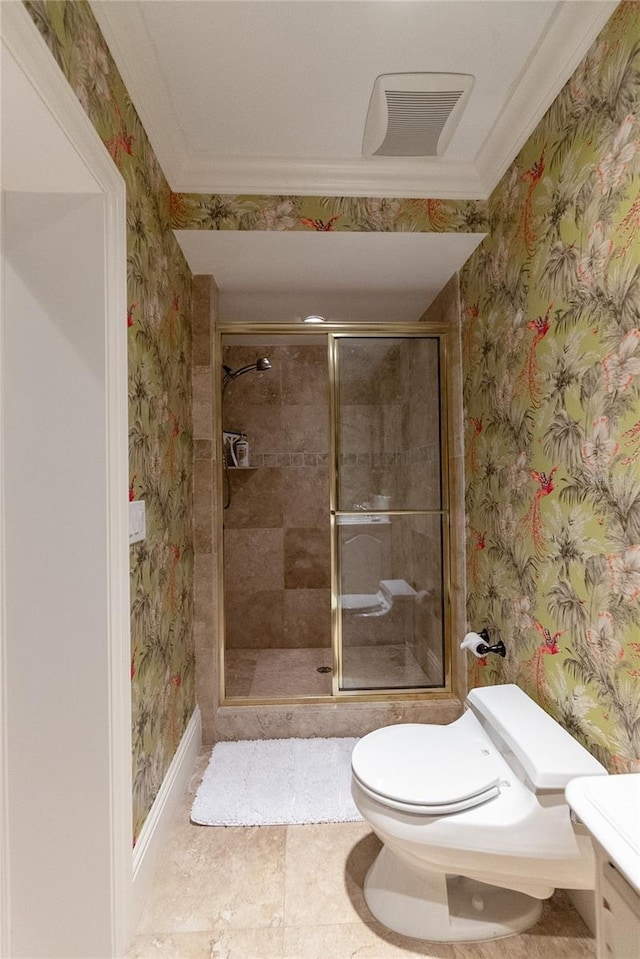 8213 Midnight Pass Rd, Sarasota, FL 34242 - full bath with wallpapered walls, visible vents, and a stall shower
