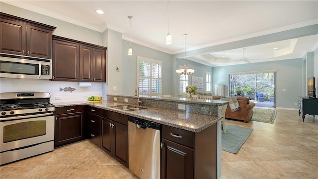 kitchen featuring kitchen peninsula, stainless steel appliances, sink, and a wealth of natural light