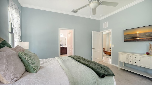 bedroom with light carpet, ceiling fan, connected bathroom, a high ceiling, and crown molding