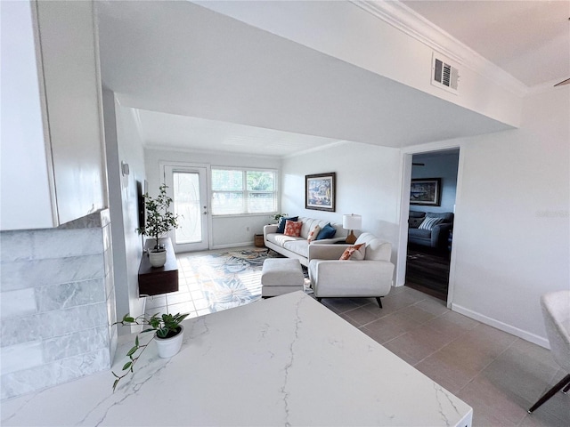 living room with crown molding