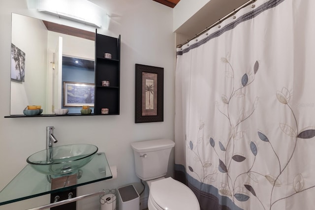 bathroom featuring a shower with curtain, toilet, and sink