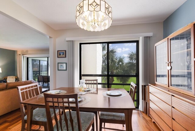 dining space featuring a notable chandelier and light hardwood / wood-style flooring