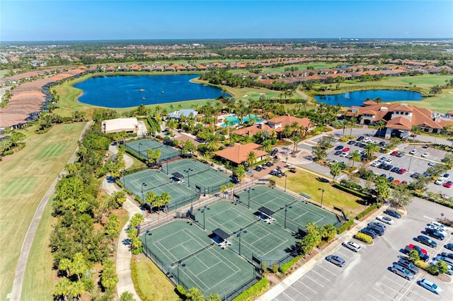 bird's eye view with a water view