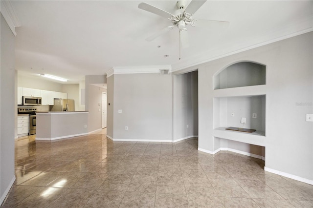 unfurnished living room with ornamental molding and ceiling fan