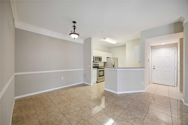 kitchen featuring kitchen peninsula, white cabinets, appliances with stainless steel finishes, ornamental molding, and pendant lighting