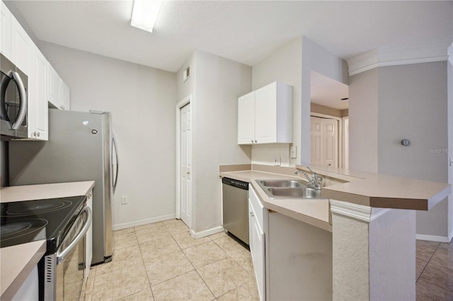 kitchen featuring white cabinetry, stainless steel appliances, sink, and kitchen peninsula