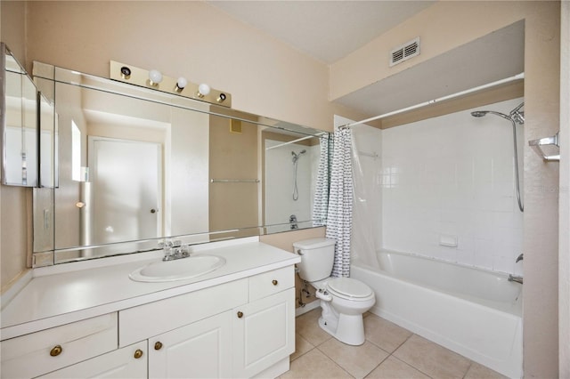 full bathroom with vanity, toilet, shower / bath combination with curtain, and tile patterned floors