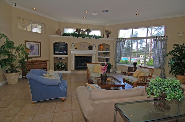 tiled living room with ornamental molding